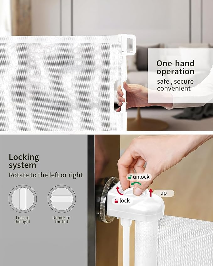 Punch-Free Install Retractable Baby Gate, Mesh Baby Gate or Mesh Dog Gate,33" Tall,Extends up to 54" Wide,Child Safety Gate for Doorways, Stairs, Hallways, Indoor/Outdoor(White,33"x54"