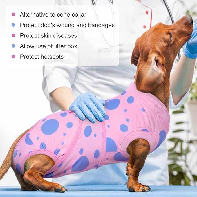 Kuoser Dog Recovery Suit, Professional Recovery Suit for Dogs After Surgery, Anti Licking Surgery Suit for Female Dogs Spayed, Male Dogs Surgical Neuter Suit Soft Dog Onesie, Pink XS