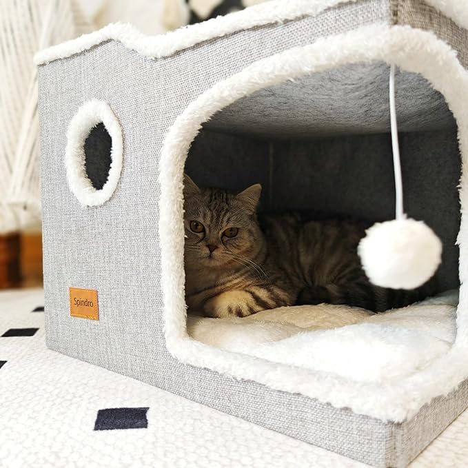 Large Cat Bed for Indoor Cats, Foldable Adult Cat Cave Anti Anxiety Cat House Cube with Scratch Pad Cat Towers, Cute Kitten Condo Hideaway Hut with Soft Pillow Mat for Pets Under 30 lbs
