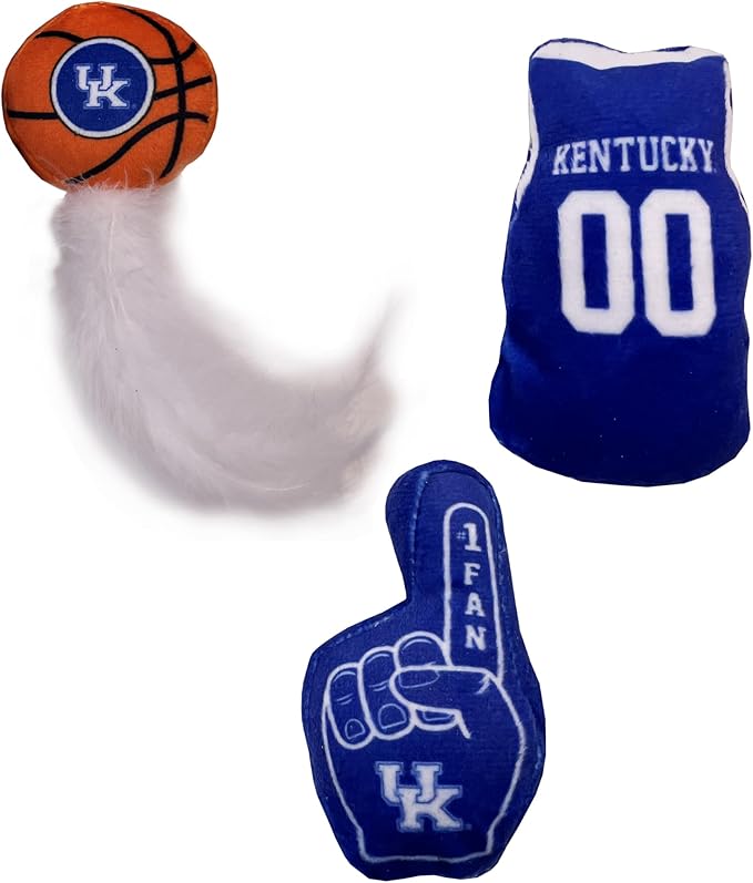 Pets First Best Plush CAT Toy - NCAA Kentucky Wildcats Complete Set of 3 Piece Cat Toys Filled with Fresh Catnip. Includes: 1 Helmet Cat Toy, 1 Football Cat Toy with Feathers, & 1 Beer Bottle.