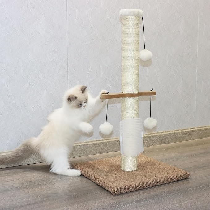 Cat Scratching Post Sisal Vertical Scratcher Posts for Indoor Cats and Kittens,Three Hanging Ball Toy and Self-Grooming Brush,26inches Cat Scratch Pole Beige