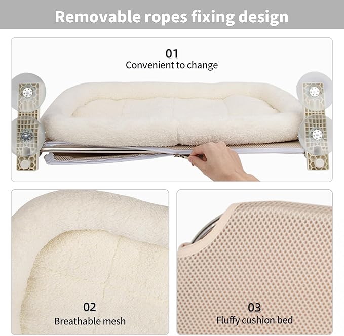 Foldable Cat Window Perch, Stable Heavy Duty Cordless Cat Window Hammock with 4 Strong Upgraded Suction Cups and Larger Base, Comfor White Cushion Cat Window Bed for Large Cats Inside (Large)