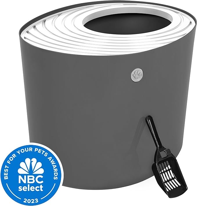 IRIS USA Large Top Entry Cat Litter Box with Scoop, Stylish Round Cat Litter Box Enclosure, Kitty Litter Box, Dark Gray/White