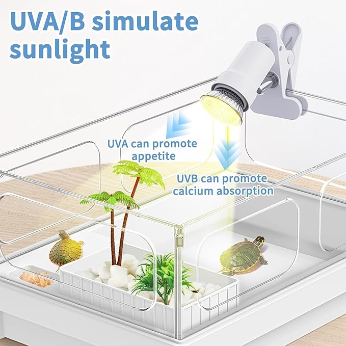 Reptile Heat Lamp, Rotatable UVA/UVB Light Lamp with 2PCS 50W Basking Bulbs, Suitable for Reptiles, Amphibians, Turtle, Lizard, Spiders, Birds, Snake (White)