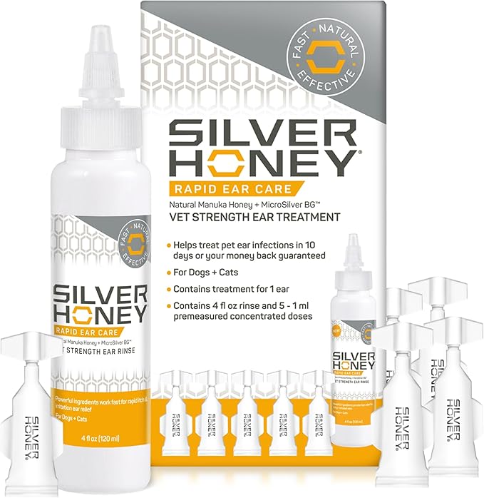 Absorbine Silver Honey Rapid Ear Care Vet Strength Ear Cleaner + Infection Treatment, 10-Day Regimen for 1 Ear, Safe for Dogs & Cats, Medical Grade Manuka Honey & MicroSilver BG