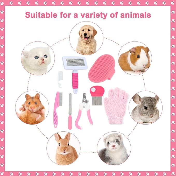 8 Pcs Small Animal Pink Grooming Kit, Rabbit Grooming Kit with Pet Nail Clipper and File, Flea Comb, Pet Shampoo Bath Brush , Pet Shedding Slicker Brush, Bath Massage Glove, Small Cleaning Comb