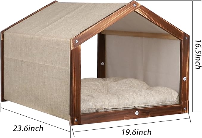 Dog House with Wooden Frame for Small Dogs or Cats Pet House with Fabric Cushion for Indoor (Beige)