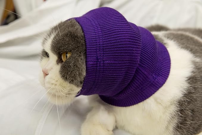 Pet War Flap Head Wrap (2 Pack), No Flap Ear Wrap Cat Small Headband Ears Happy Head Scarf Ear Wrap for Cats Grey+Purple S