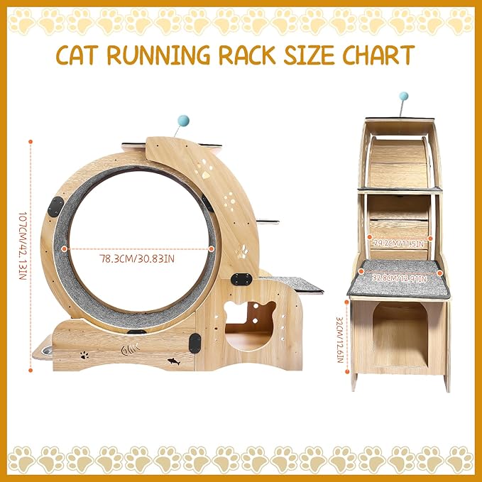 Cat Exercise Wheel, 4-in-1 Cat Wheel Wood Climbing Frame, Cat Litter Fitness Wheel for Indoor Cats,Climbing Ladders,Cat Scratching Board,Cat Bowls,Natural Wood(Upgraded 4-In-1model)