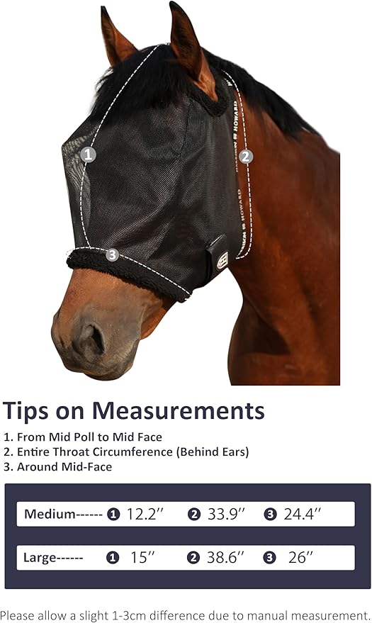 Harrison Howard All Round Mesh Horse Fly Mask UV Protective with Fleece Padded Edging Black L
