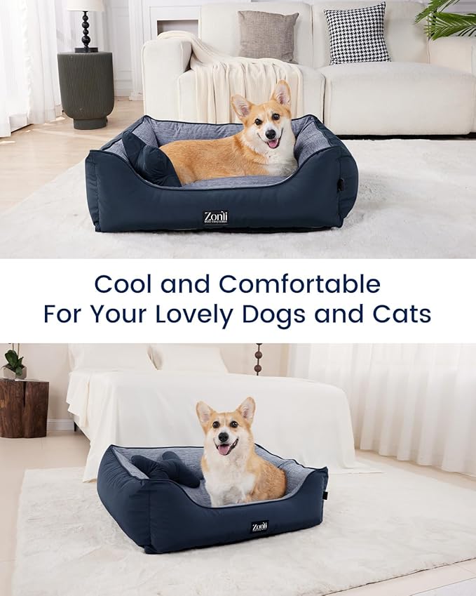 ZonLi Cooling Dog Bed, Dog Bed for Large Dogs, Dog Cooling Bed with Bolsters Waterproof, for Dogs Up to 40 lbs, Pet Bed with Washable Cover, Non-Slip Bottom, without Gel, Oceanic Navy