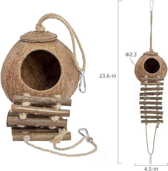 Niteangel Natural Coconut Hideaway with Ladder, Bird and Small Animal Toy (House with Ladder, Natural Surface)