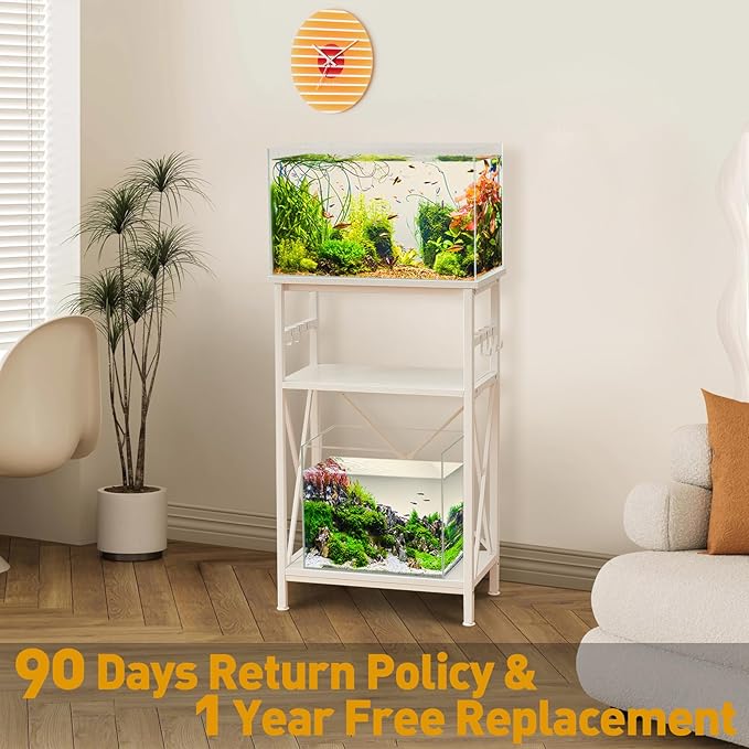 10 Gallon Fish Tank Stand with Shelf, Double Aquarium Stand for 10&5 Gal Fish Tank, 3-Tier Heavy Metal Stand with Stable Structure, Adjustable Table Feet&Anti-tilt Device - White