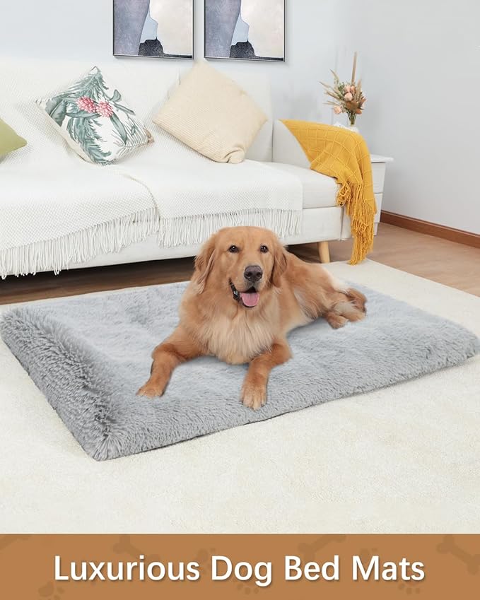 Dog Crate Pad Ultra Soft Dog Bed Mat Washable Pet Kennel Bed with Non-Slip Bottom Fluffy Plush Sleeping Mat for Large Medium Small Dogs, 35 x 22 Inch,Light Grey
