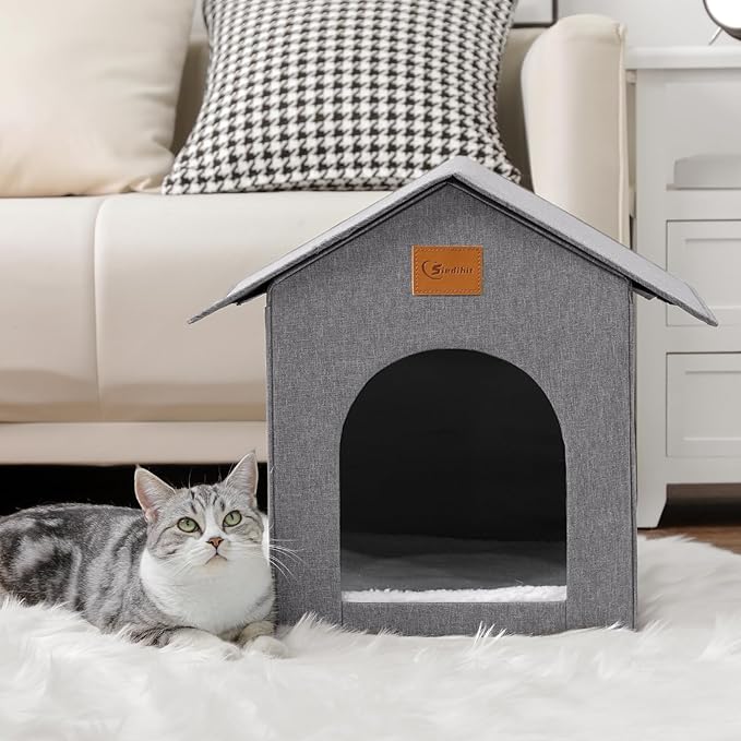Outdoor Cat House, Outdoor Cat Shelter Feral Cat, Outside Waterproof Cat House for Outdoor/Indoor Cats, Insulated Cat House for Winter with Cozy Cushion, Easy to Assemble, Grey