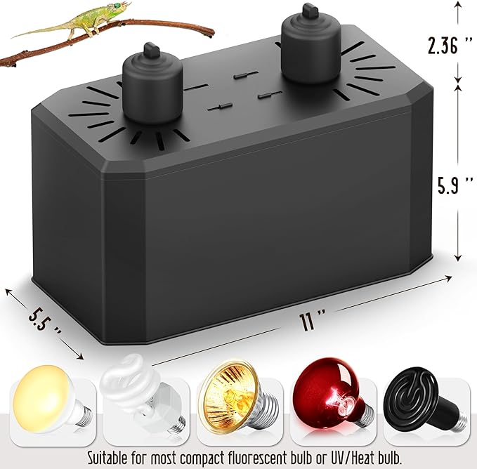 Reptile Dual Light Fixture 2 in 1 Deep Dome Lamp Hood, Reptile Heat Lighting Lamp Fixture with Individual On/Off for Reptile Glass Terrariums suitable UVB UVA Bulb (L)