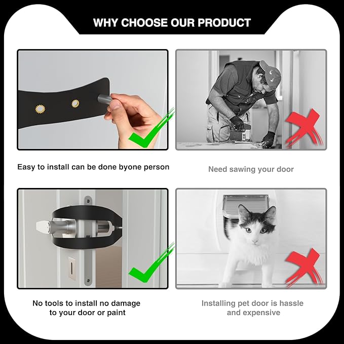 Cat Door Holder Latch Larger Adjustable Cat Door Alternative Fast Latch Strap Let Cats in and Keeps Dogs Out of Litter & Food and Safe Baby Proof No Measuring Easy to Install 4Pcs Black