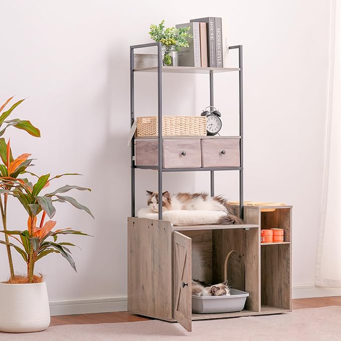 Hey-brother Litter Box Enclosure with 2 Storage Shelves and 2 Drawers, Large Hidden Cat Litter Box Furniture with Soft Cushion, Stores Most Litter Boxes and Cat Litter, Rustic Gray MPJ131SG