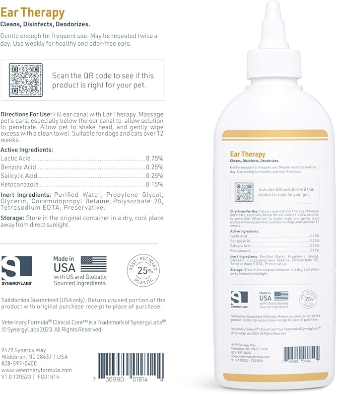 Veterinary Formula Clinical Care Ear Therapy, 8 oz. – Cat and Dog Ear Cleaner – Helps Soothe Itchiness and Clean The Ear Canal of Debris and Buildup