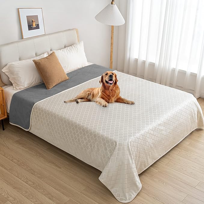 fuguitex Waterproof Dog Blanket Bed Cover Dog Crystal Velvet Moroccan Fuzzy Cozy Plush Pet Blanket Throw Blanket for Couch Sofa(30 * 70 inch, Cream+Grey)