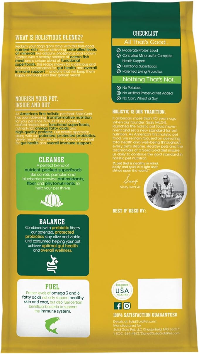 Solid Gold Dry Dog Food for Adult & Senior Dogs - Made with Oatmeal, Pearled Barley, and Fish Meal - Holistique Blendz Potato Free High Fiber Dog Food for Sensitive Stomach & Immune Support - 4 LB