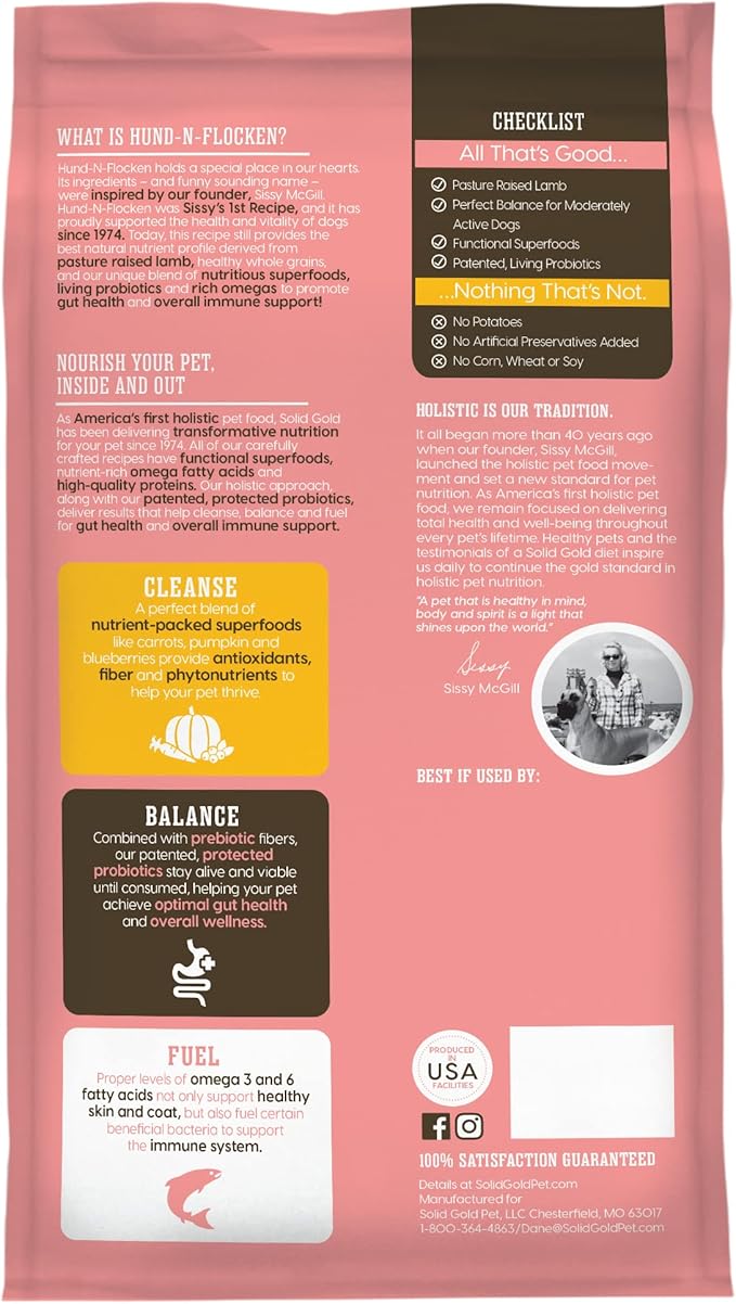 Solid Gold Hund N Flocken - Dry Dog Food w/Lamb, Rice & Pearled Barley - Digestive Probiotics for Dogs - Gut Health & Immune Support - Omega 3, Superfoods & Antioxidants - 12 LB