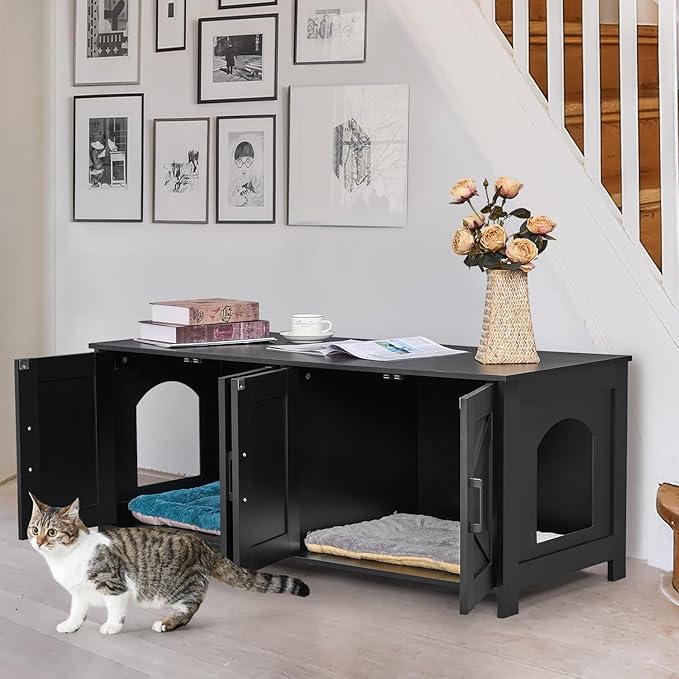 Cat Litter Box Enclosure for 2 cats, Litter Box Furniture Hidden with Double Room,Wooden Cat Washroom Furniture,Cat House,47.2”L x 19.7”W x 19.7”H,Black