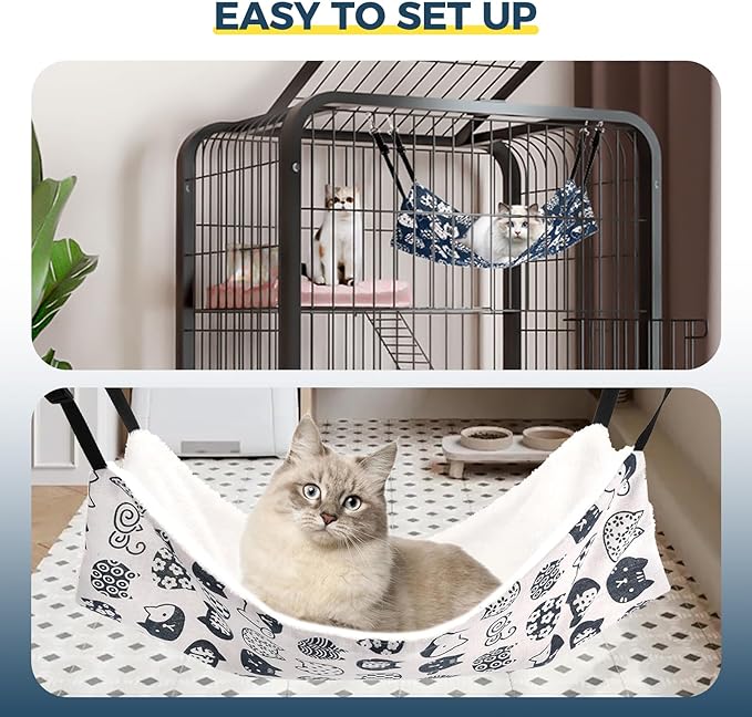 Cat Hammock for Cage Hanging Reversible 2Pack,Pet Hammock Bed Adjustable,Soft Sleeping Hammock for Cats,Ferret,Puppy,Rabbits,Small Animals (M, CAT)