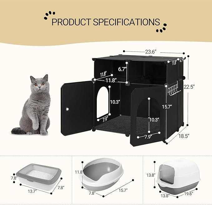 Cat Litter Box Enclosure, Plastic Covered Little Box with Mat, Splash Proof Litter Box Furniture, with Storage, 23.7 x 18.5 x 22.5 inches, End Table for Living Room, Black CB81799BK