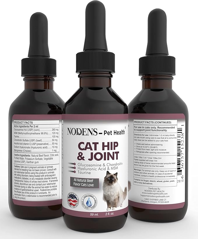NODENS CAT Hip and Joint Glucosamine for Cats with Chondroitin and Opti-MSM® Hyaluronic Acid for Improved Joint Flexibility and Pain Relief from Inflammation and Cat Arthritis 2 floz