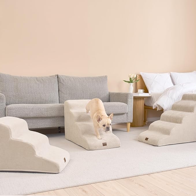 EHEYCIGA Curved Dog Stairs for Small Dogs 15.7" H, 3-Step Dog Steps for Couch Sofa and Chair, Pet Stairs for Cats, Non-Slip Balanced Pet Steps Indoor, Beige