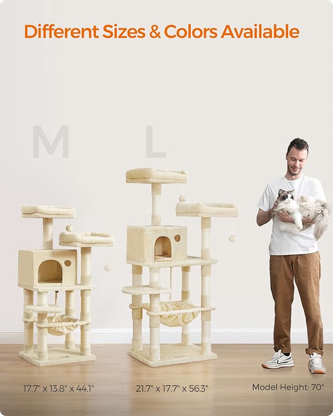 Feandrea Cat Tree, 44.1-Inch Cat Tower for Indoor Cats, Multi-Level Cat Condo with 11 Scratching Posts, 2 Perches, Cave, Hammock, Beige UPCT215M01