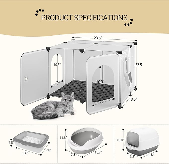 Cat Litter Box Enclosure with Hooks, Plastic Covered Little Box with Mat, Splash Proof Litter Box Furniture, 23.7 x 18.5 x 16.1 inches, End Table for Living Room, Pure White CB81899LW