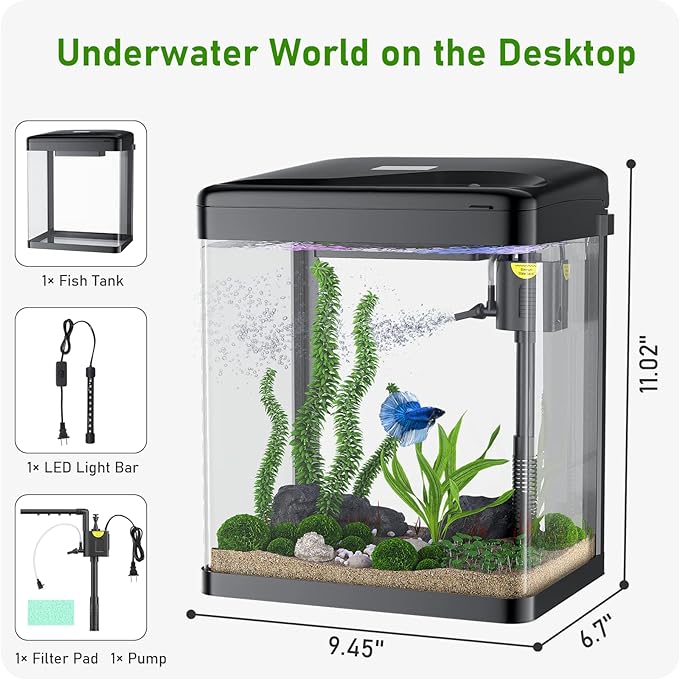 Betta Fish Tank, 2 Gallon Glass Aquarium, 3 in 1 Fish Tank with Filter and Light, Desktop Small Fish Tank for Betta Fish, Shrimp, Goldfish (Black)