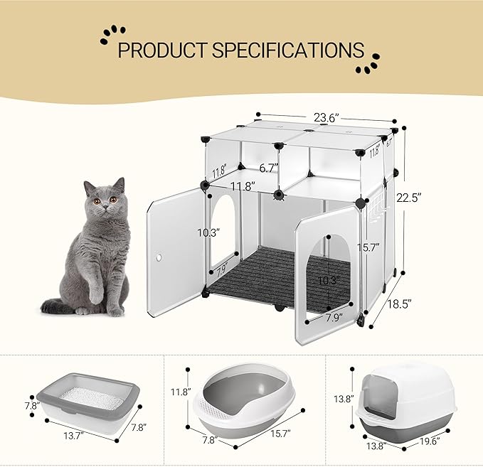 Cat Litter Box Enclosure, Plastic Covered Little Box with Mat, Splash Proof Litter Box Furniture, with Storage, 23.7 x 18.5 x 22.5 inches, End Table for Living Room, Pure White CB81799LW