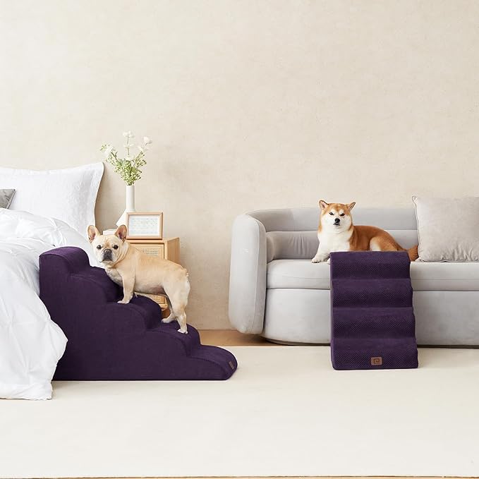 EHEYCIGA Curved Dog Stairs for High Beds 22.6" H, 5-Step Dog Steps for Small Dogs and Cats, Pet Stairs for High Bed Climbing, Non-Slip Balanced Pet Step Indoor, Purple