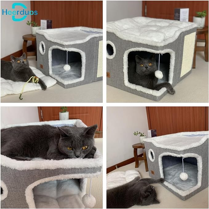 Cat Bed for Indoor Cats,Covered Cat Cave House & Furniture with Scratch Pad,Foldable Cat Hideaway Hut Cute Cat Condo with Soft Washable Mat for Multi Small Pet Under 30 lbs,light Grey