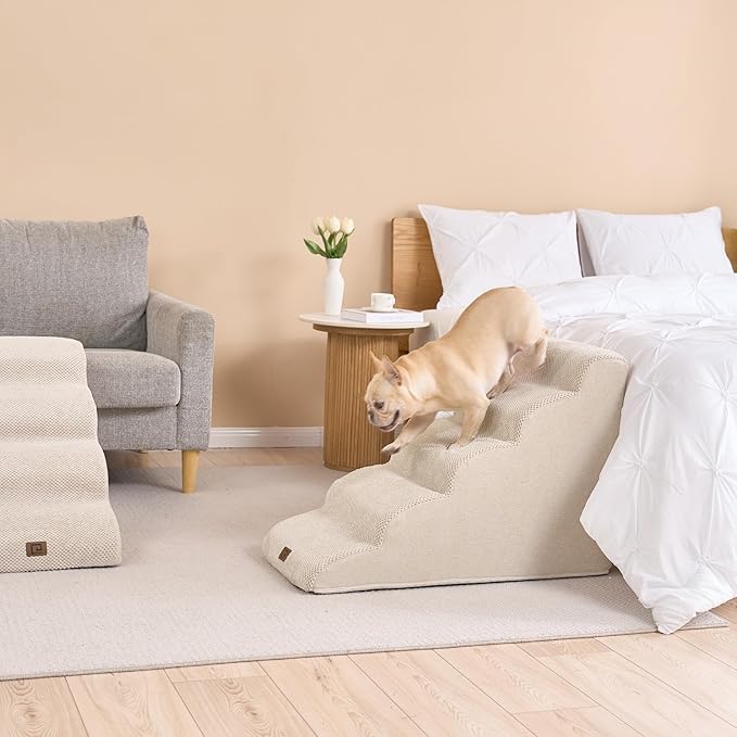 EHEYCIGA Curved Dog Stairs for High Beds 22.6" H, 5-Step Dog Steps for Small Dogs and Cats, Pet Stairs for High Bed Climbing, Non-Slip Balanced Pet Step Indoor, Beige