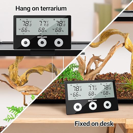 REPTI ZOO 3-Channels Reptile Thermometer Humidity Gauge, Wireless Digital Thermometer Hygrometer for Reptile Tank, Hygrometer Thermometer Monitor with Alarm Function Large Screen Display