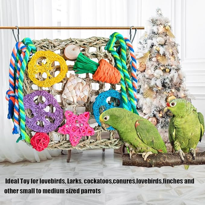 Parrot Toys, 2 Pcs Foraging Shredding Seagrass Wall for Birds, Seagrass Woven Climbing Hammock Mat with Colorful Chewing Toys for Lovebirds, Parakeets, Budgerigars, Conure, Cockatiel