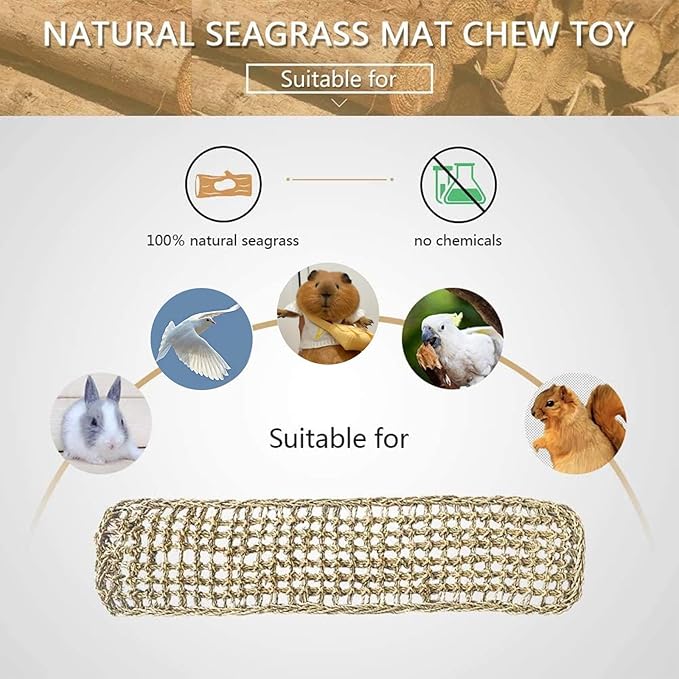 2Pcs Bird Seagrass Mat 29.5×7" Natural Grass Woven Net Hammock with Hooks Climbing Rope Ladder Chew Toys Hanging on Parrot Cage for Lovebird Pigeon Cockatiel Conure Budgie Cockatoo