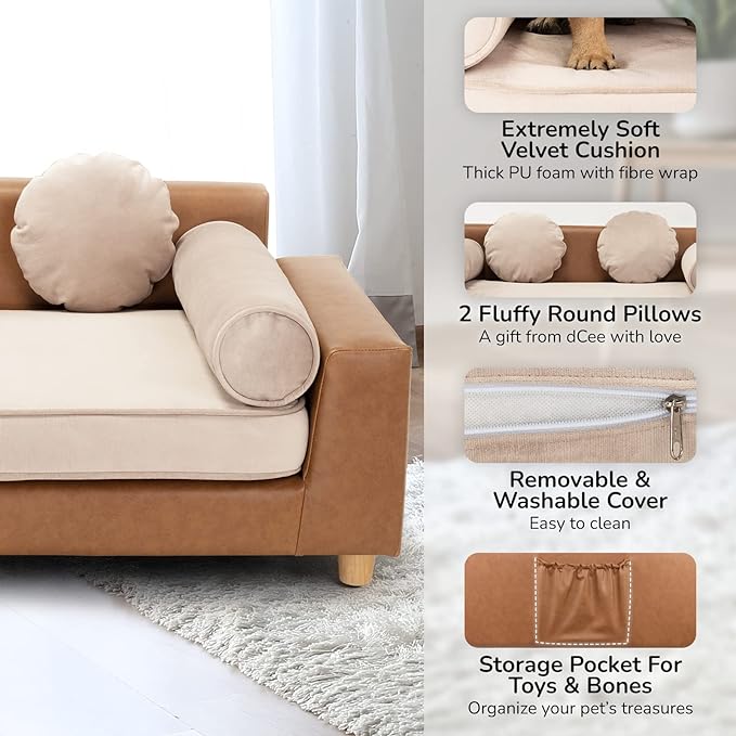 dCee Premium Large Dog Sofa Bed, Dog Couches Holds 160 Lbs, 42 in. Luxury Leather Dog Couches with Removable Washable Velvet Cushion for Comfort Sleep, Joint Support for Different Pet Sizes