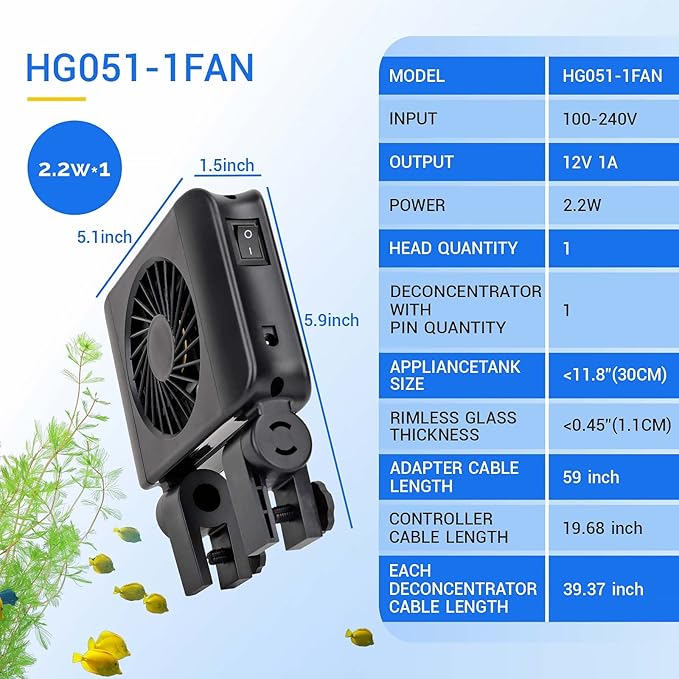 hygger Aquarium Chillers Fan, Quiet Fish Tank Cooling Fan Equipment with Adjustable Timer Speed Controller, Suitable for Freshwater Saltwater Tanks(1-Fan Head)