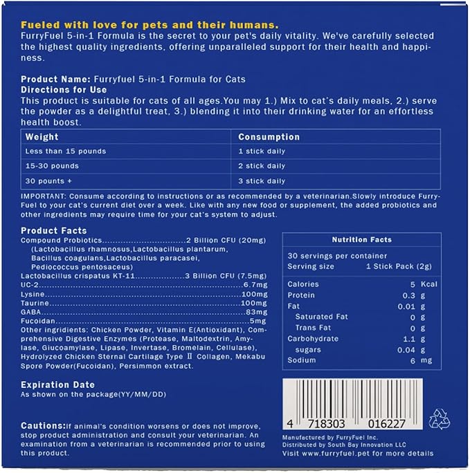 Health Supplements Powder for Cats - 5-in-1 Formula - for Digestive Gut Health Care, Joint Support, Breath, and Enhanced Immunity Made from Probiotics and Prebiotics | Pet Vitamins 30 Count