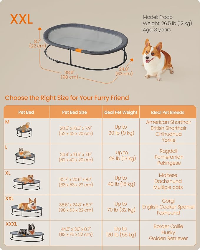 Feandrea Pet Bed, Elevated Dog Bed for Medium Dogs, Cat Bed for Multiple Cats, with Removable Washable Mesh, for Pets up to 70 lb, Oval, Gray UPCB004G01