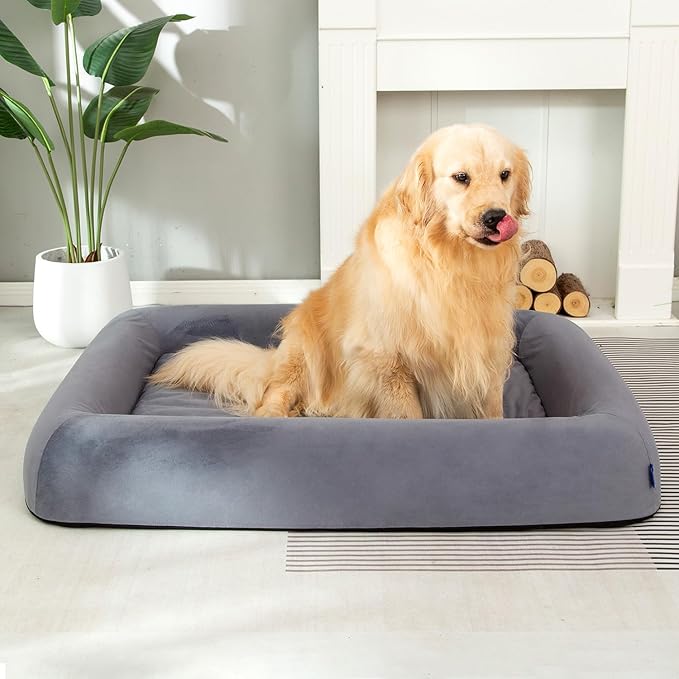 Orthopedic Dog Bed for Large Dogs Waterproof Pet Bed Soft Sofa with Two Fabrics Washable Removable Cover Egg Foam Support Anti-Slip Bottom Extra Head and Neck Support Sleeper,XXL Grey