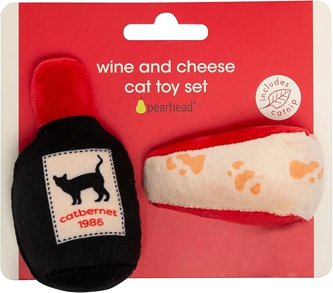 Pearhead Pet Cheese and Wine Plush Cat Toys, Set of 2, Wine and Cheese Catnip Toys, Crinkle Cat Toys, Cat Owner Valentine's Day Keepsake