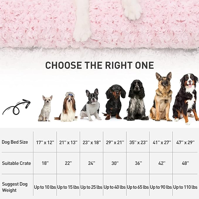 KSIIA Washable Dog Bed Deluxe Plush Dog Crate Beds Fulffy Comfy Kennel Pad Anti-Slip Pet Sleeping Mat for Large, Jumbo, Medium, Small Dogs Breeds, 23" x 18", Pink
