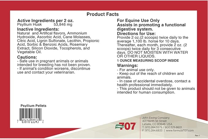 Formula 707 Psyllium Pellets Equine Supplement (3lb Jar - 12 Day Supply)