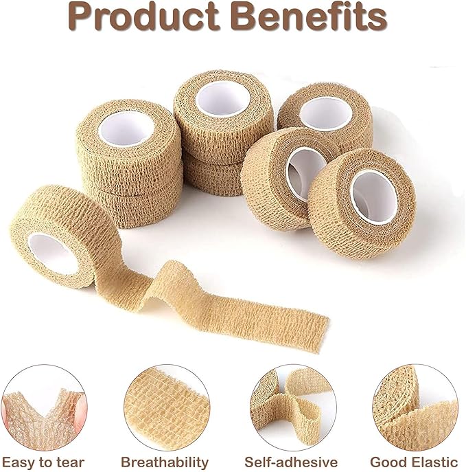 Self Adhesive Bandage Wrap, 9 Pack 1" x 5 Yards, Athletic Tape, Elastic Bandage, Self Stick Wrap for Ankle, Wrist, Finger, Sports (Skin Color)
